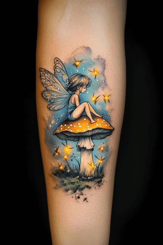 Fairy on Mushroom Tattoo with Fireflies
