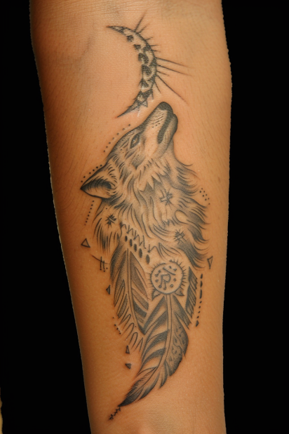 Celestial Wolf and Feather Tattoo
