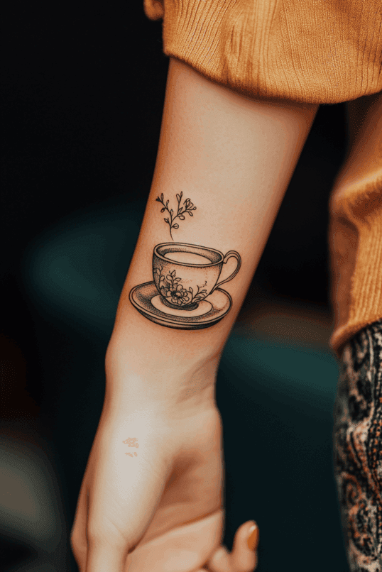 Vintage Teacup Tattoo with Floral Detailing