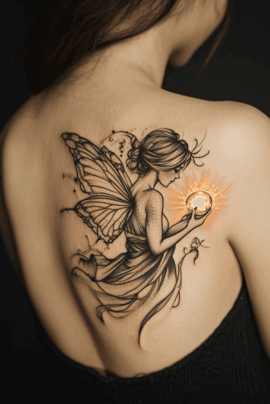 Fairy Holding a Glowing Orb Shoulder Tattoo