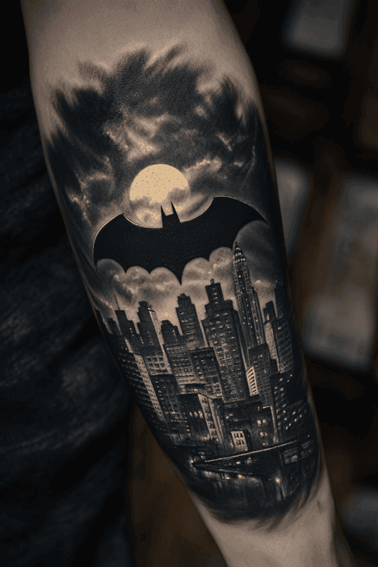 Gotham Skyline with Bat-Signal Forearm Tattoo