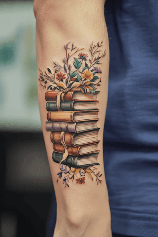 Colorful Antique Book Stack Tattoo with Floral Arrangements