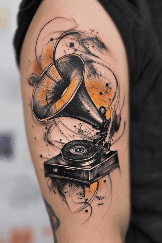 Vintage Gramophone Tattoo with Abstract Watercolor Accents