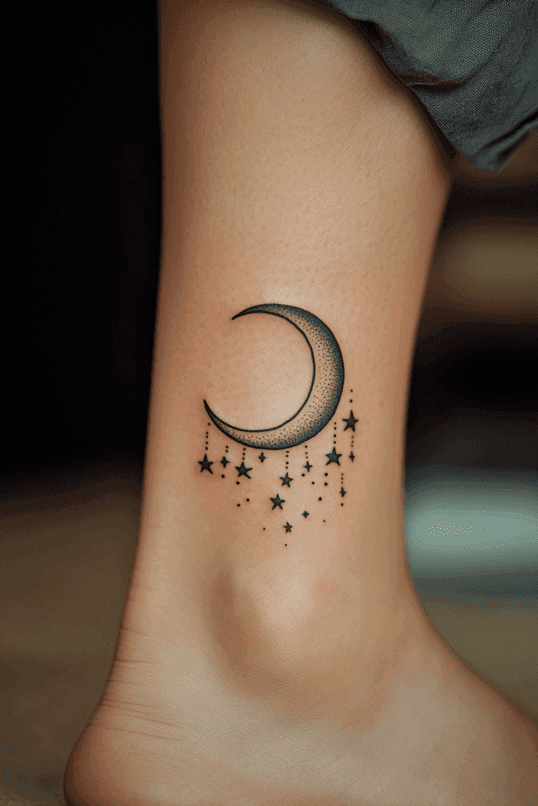 Crescent Moon with Dangling Stars Ankle Tattoo