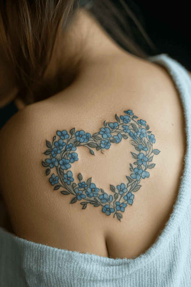 Forget-Me-Not Floral Heart Shoulder Tattoo