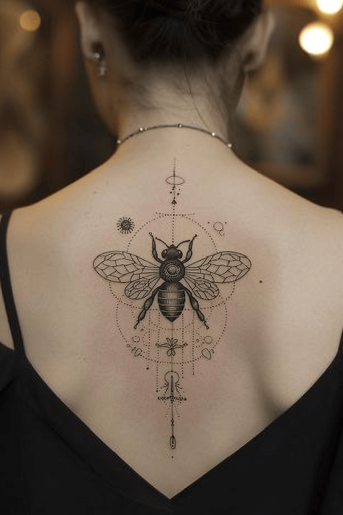 Geometric Honey Bee Back Tattoo