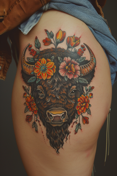 Vibrant Floral Bison Tattoo