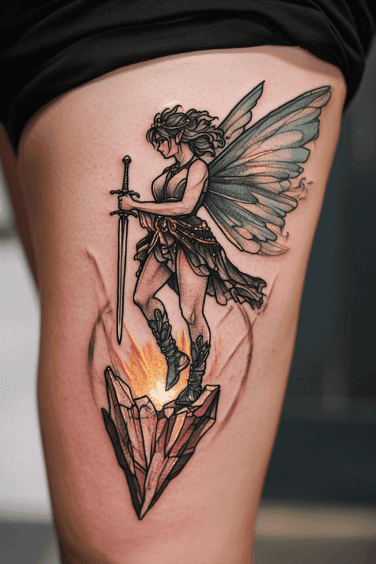 Warrior Fairy with Sword and Crystal Tattoo