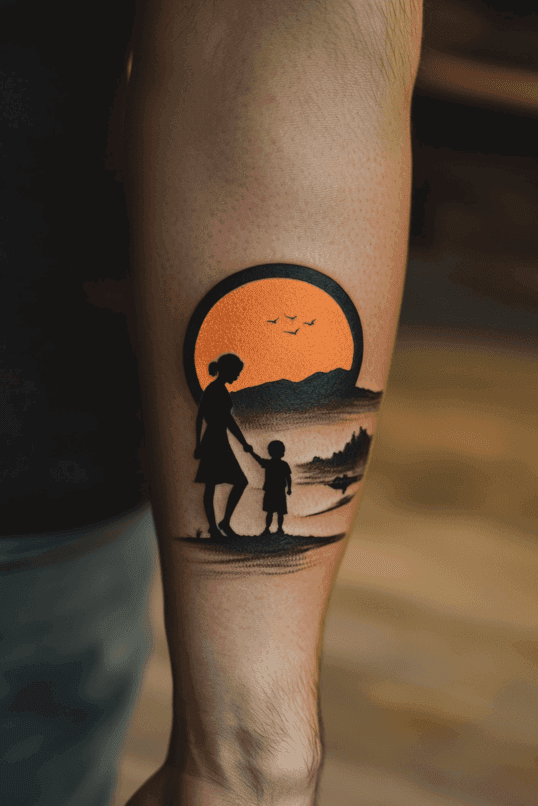 Silhouette Sunset Mother and Son Tattoo