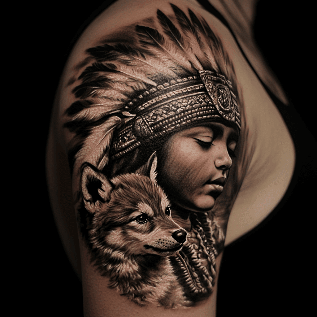 Wolf and Tribal Headdress Tattoo