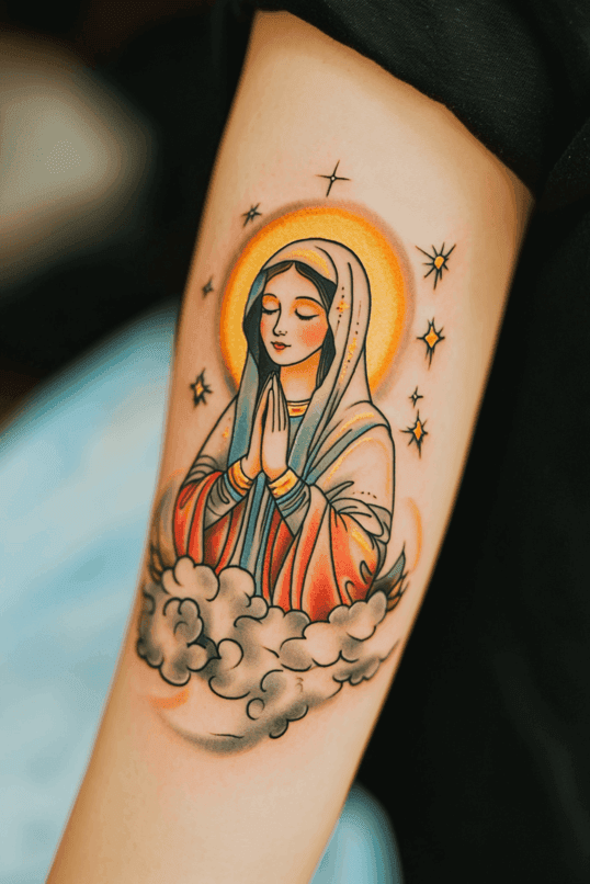 Vibrant Virgin Mary in Clouds Tattoo