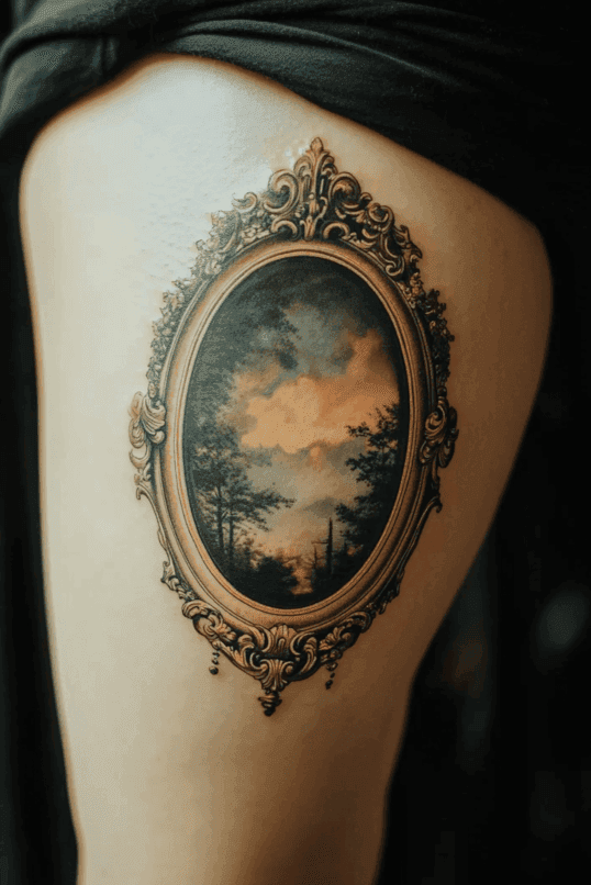 Ornate Framed Landscape Tattoo with Vintage Aesthetic