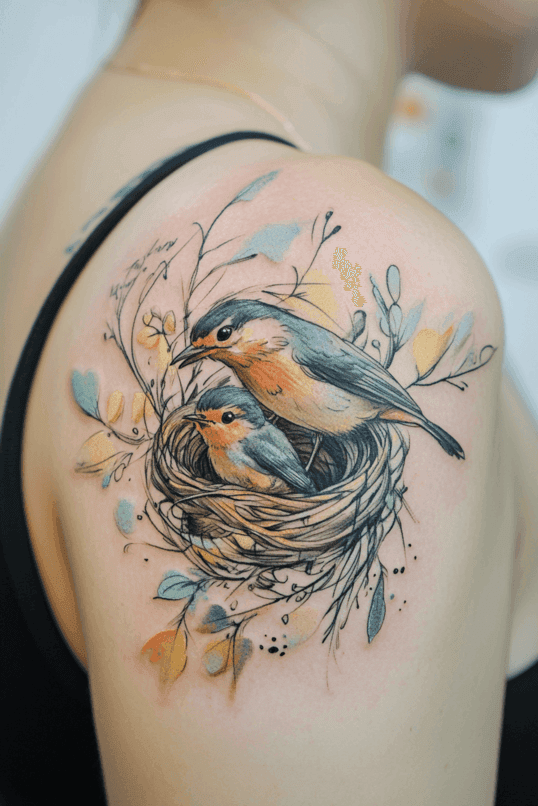 Mother and Baby Bird Nest Tattoo