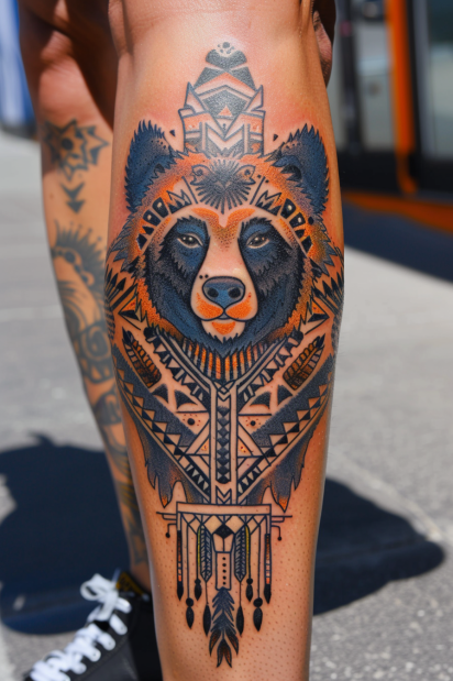 Tribal Bear and Geometric Design Tattoo