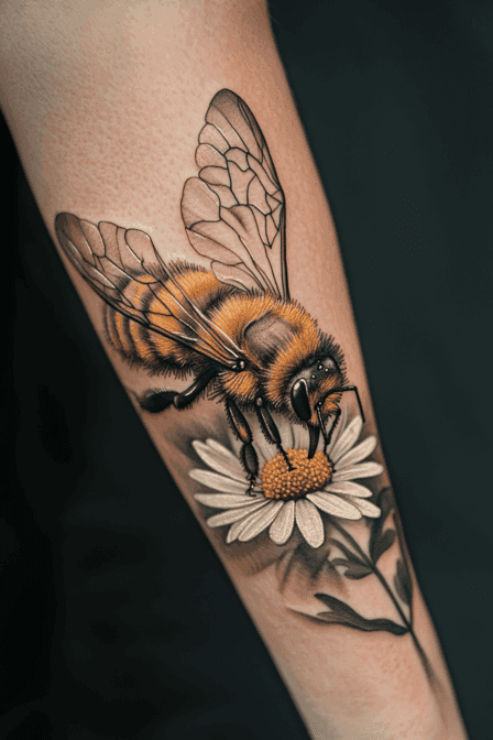 Realistic Honey Bee and Daisy Tattoo