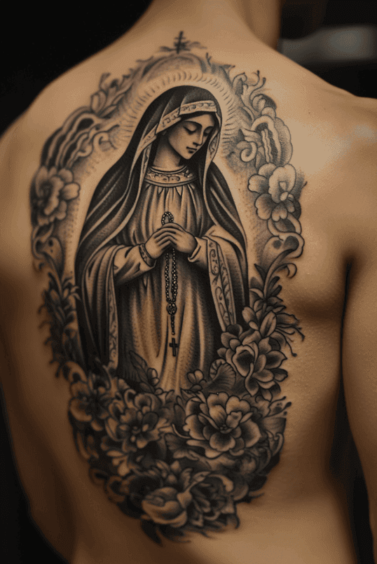 Virgin Mary Backpiece Tattoo