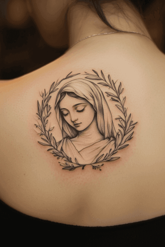 Virgin Mary Laurel Wreath Back Tattoo