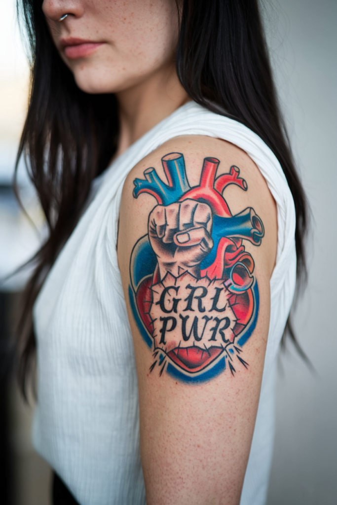 Anatomical Heart and Fist "GRL PWR" Tattoo
