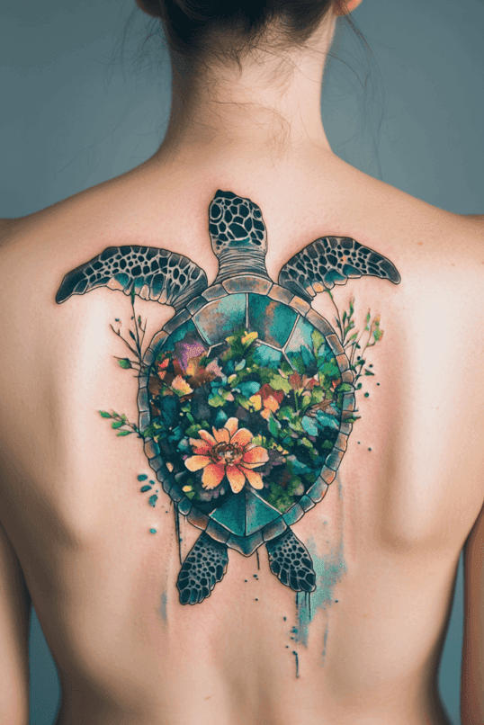 Floral Sea Turtle Back Tattoo