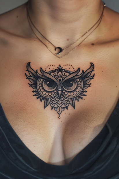Ornamental Owl Chest Tattoo