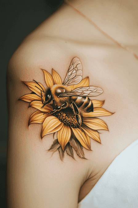 Realistic Honey Bee on Sunflower Tattoo