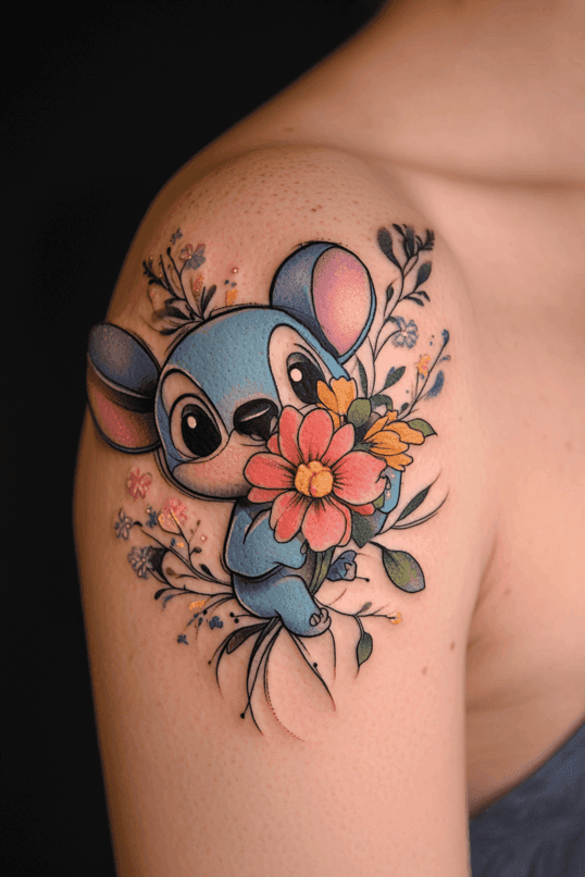 Stitch with Floral Bouquet Shoulder Tattoo