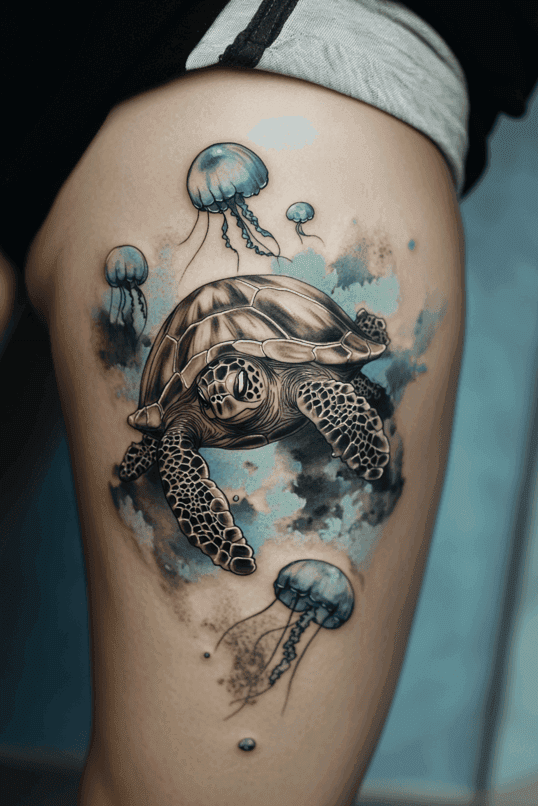 Sea Turtle and Jellyfish Thigh Tattoo