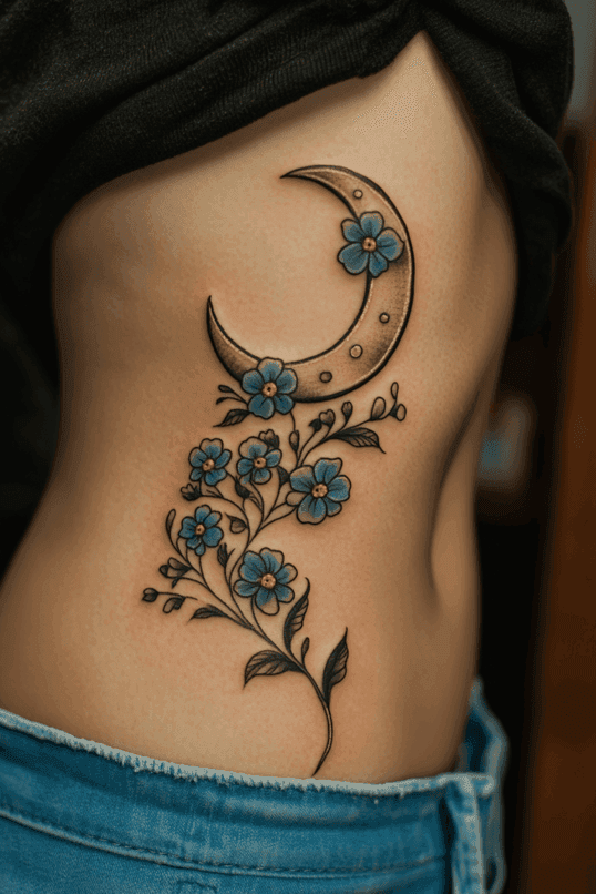Forget-Me-Not and Crescent Moon Rib Tattoo