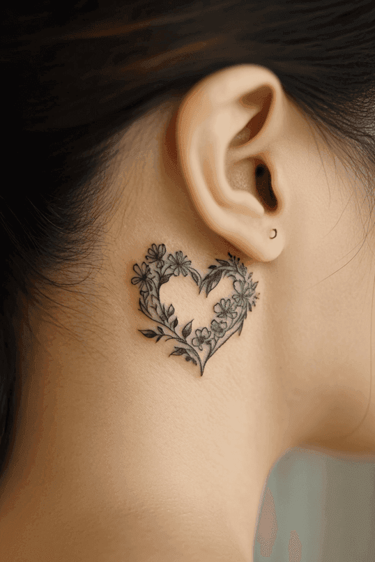 Floral Heart Behind the Ear Tattoo