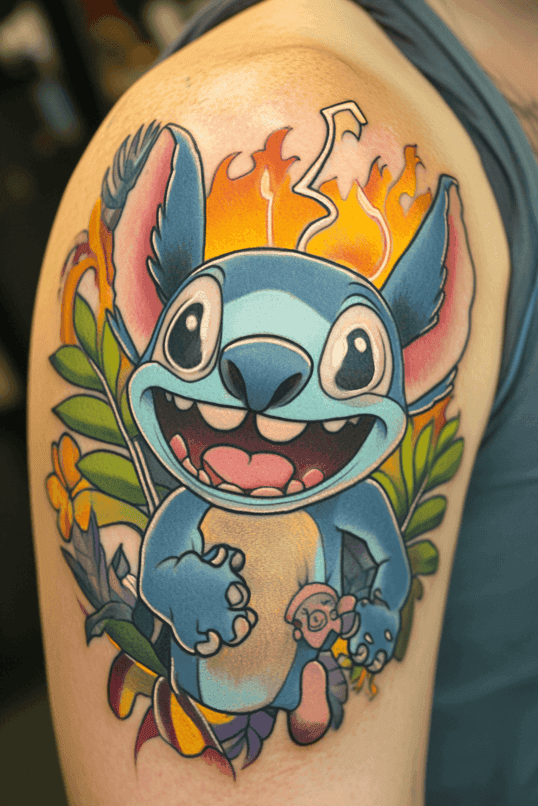 Stitch Vibrant Jungle Shoulder Tattoo
