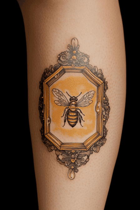 Ornate Honey Bee in Vintage Frame Tattoo