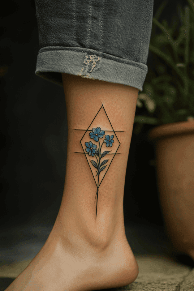 Forget-Me-Not Minimalist Geometric Ankle Tattoo