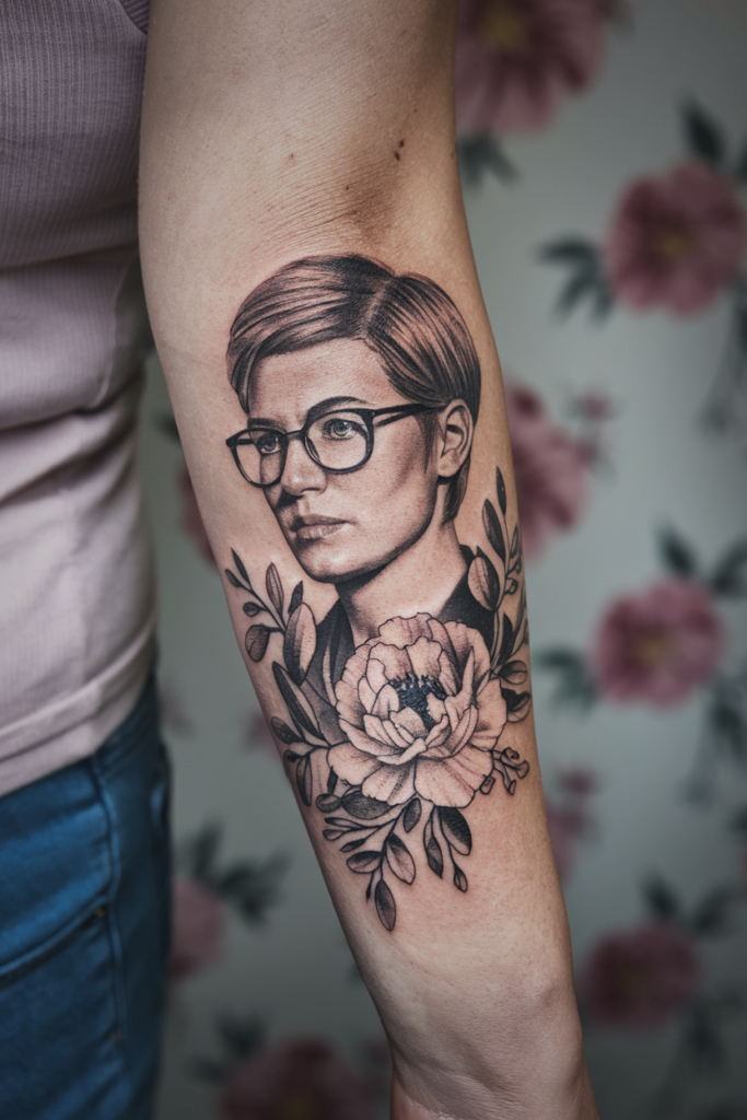 Feminist Portrait with Glasses and Floral Accent Tattoo