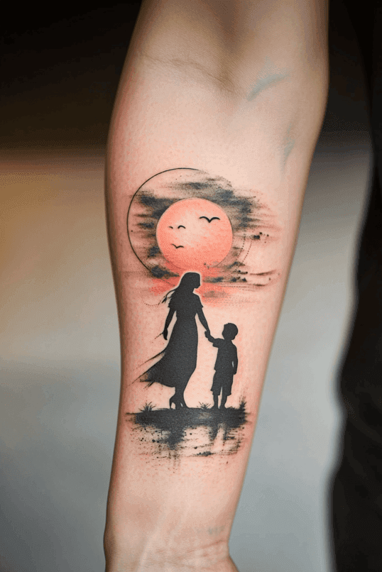 Sunset Silhouette Mother and Son Tattoo