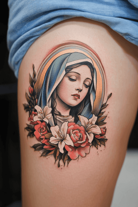 Vibrant Virgin Mary Floral Thigh Tattoo
