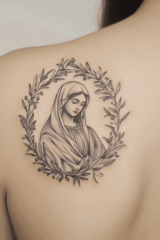 Virgin Mary Wreath Shoulder Tattoo