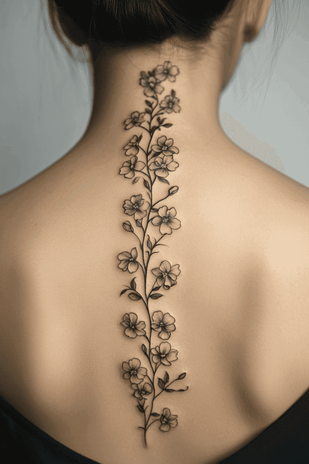Forget-Me-Not Full Spine Floral Tattoo