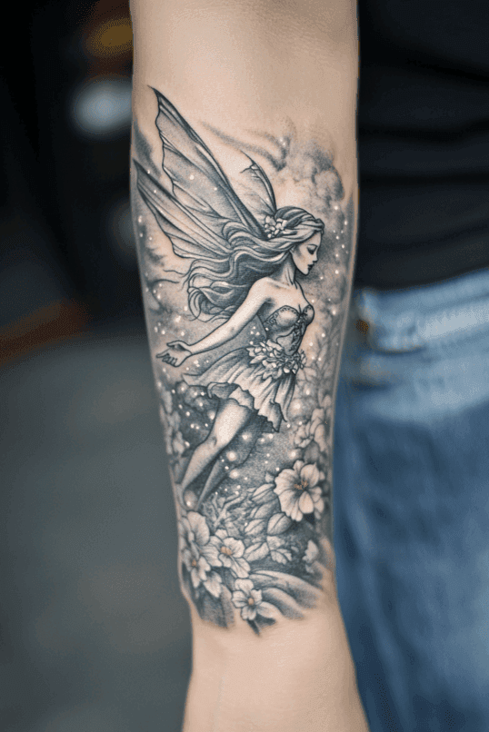 Graceful Fairy in Bloom Forearm Tattoo