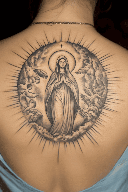 Virgin Mary Celestial Halo Tattoo
