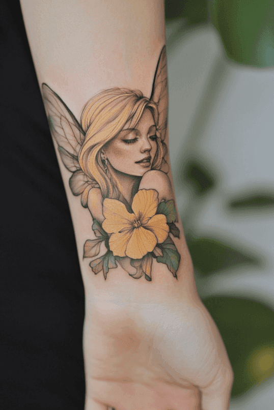 Fairy with Yellow Flower Forearm Tattoo