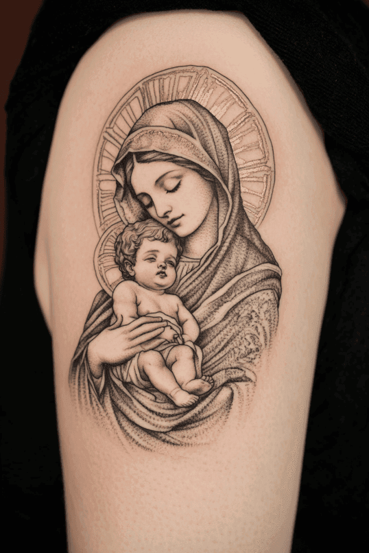 Virgin Mary and Baby Jesus Arm Tattoo
