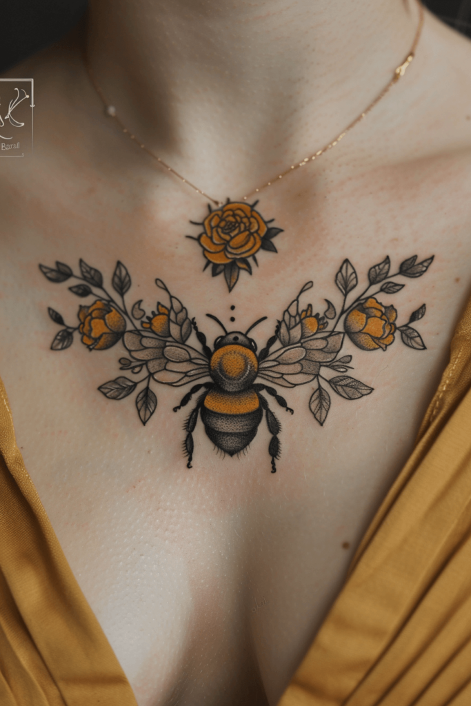 Honey Bee and Floral Chest Tattoo