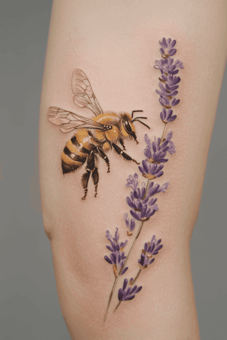 Realistic Honey Bee and Lavender Tattoo