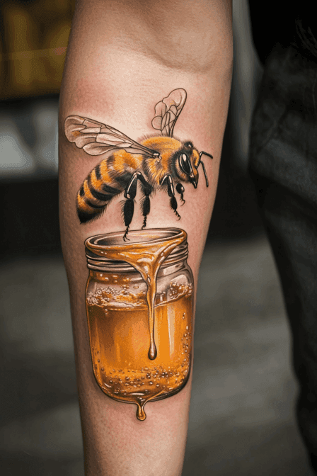 Realistic Honey Bee and Honey Jar Tattoo