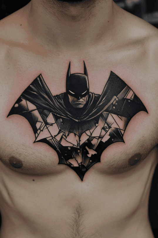 Batman Chest Emblem Tattoo with a Shattered Glass Effect