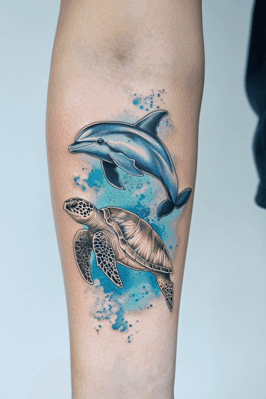 Sea Turtle and Dolphin Duo Tattoo