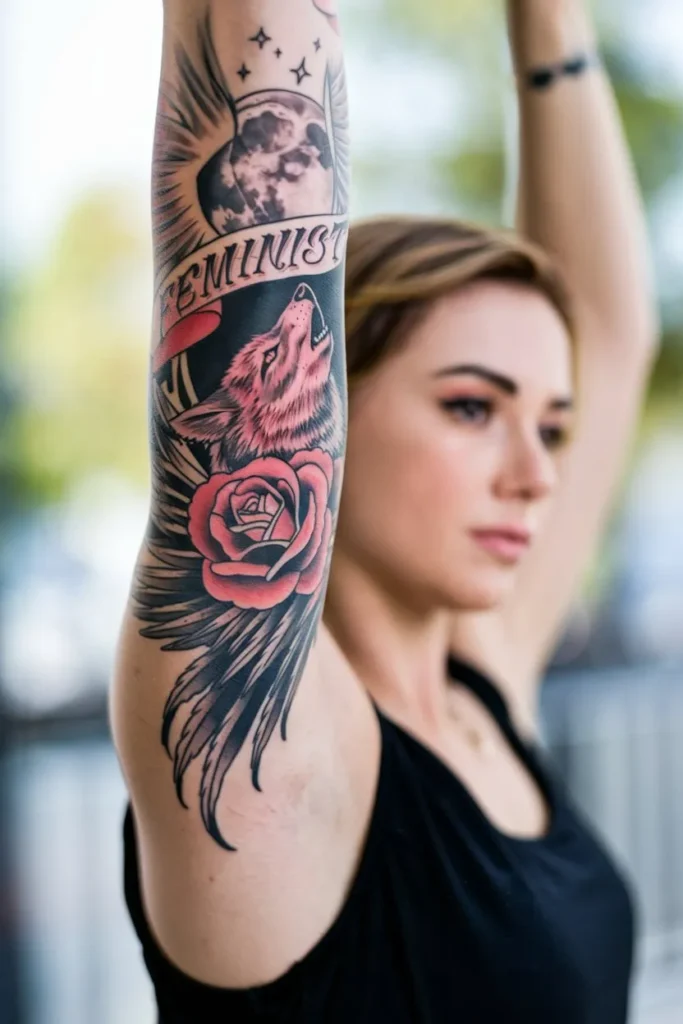 Fierce Wolf and Moon Feminist Tattoo