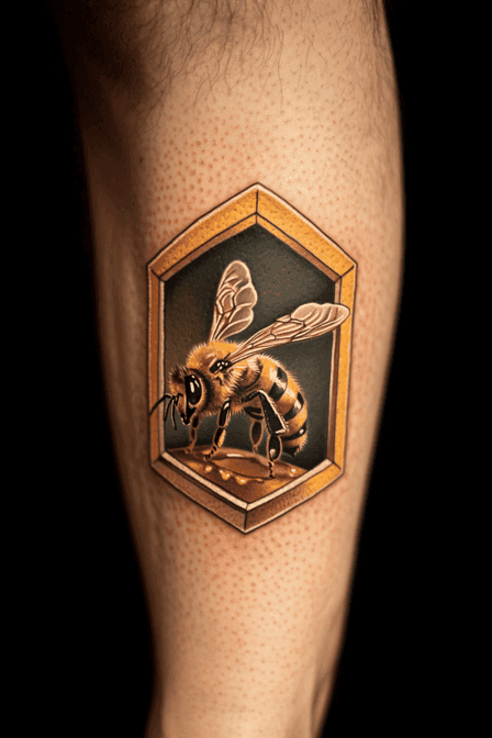 Realistic Honey Bee in Hexagonal Frame Tattoo