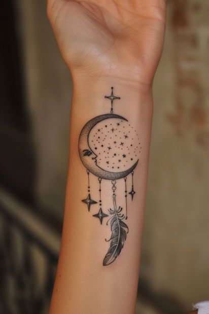 Crescent Moon and Feather Tattoo
