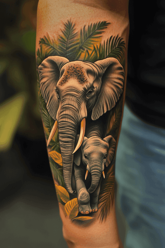Elephant Family Tattoo with Tropical Leaves